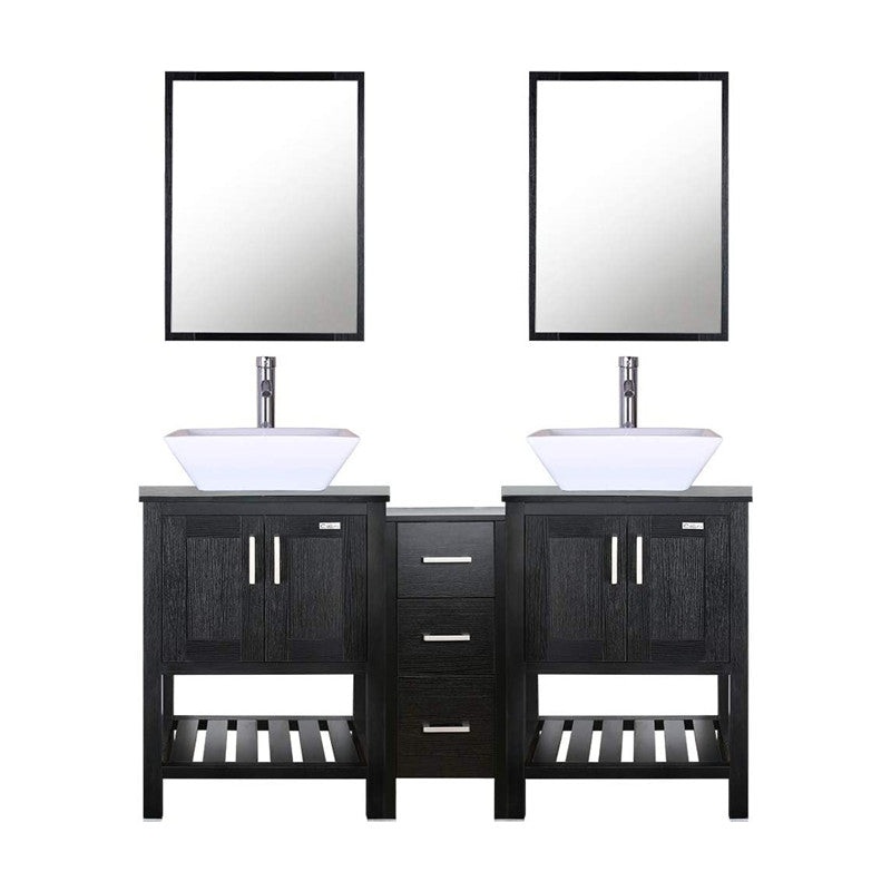 Eclife 60” Black Modern Stand Pedestal Bathroom Vanity Combo, W/Mirror