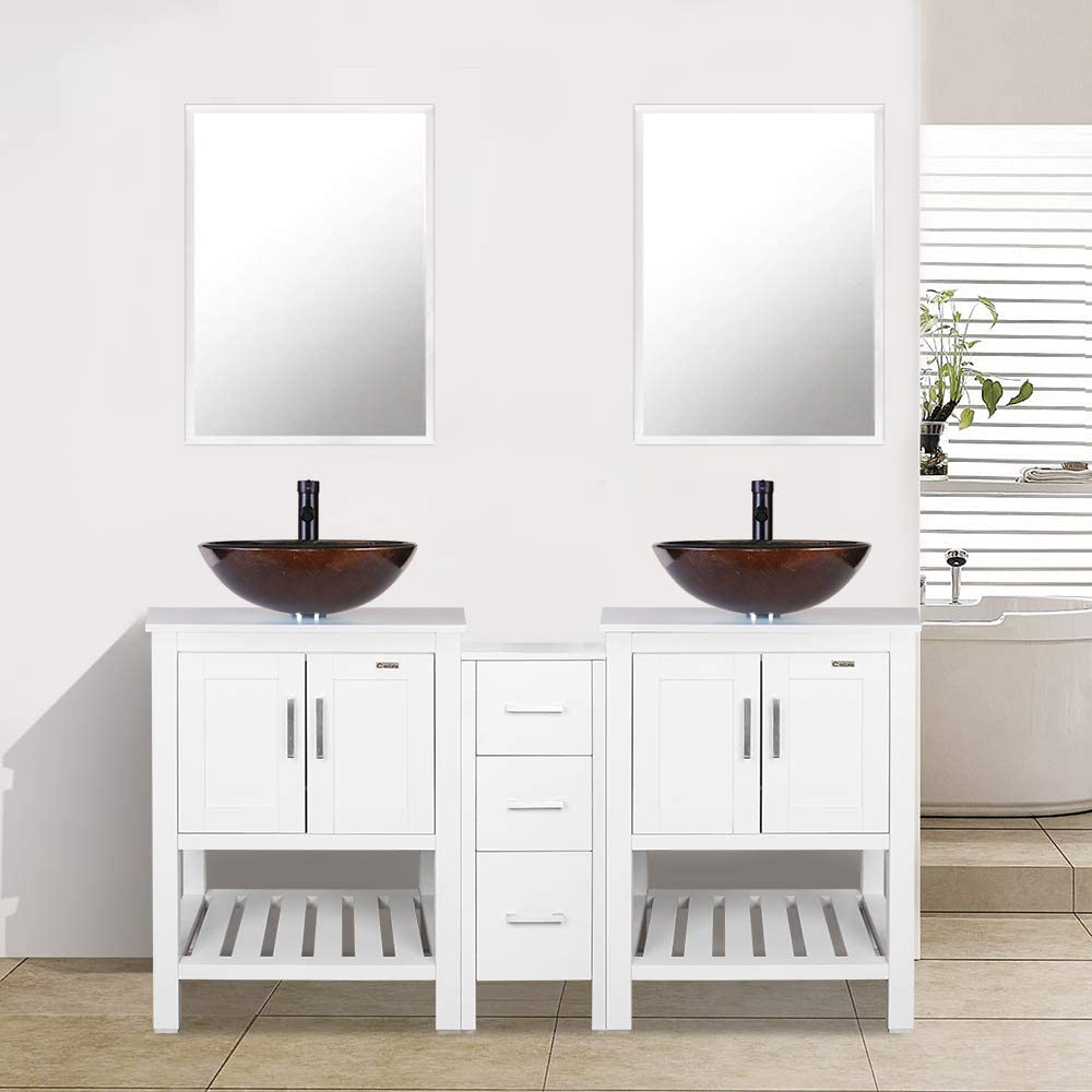 Eclife 60” White Modern Stand Bathroom Vanity Combo W/Side Cabinet, W/Mirror