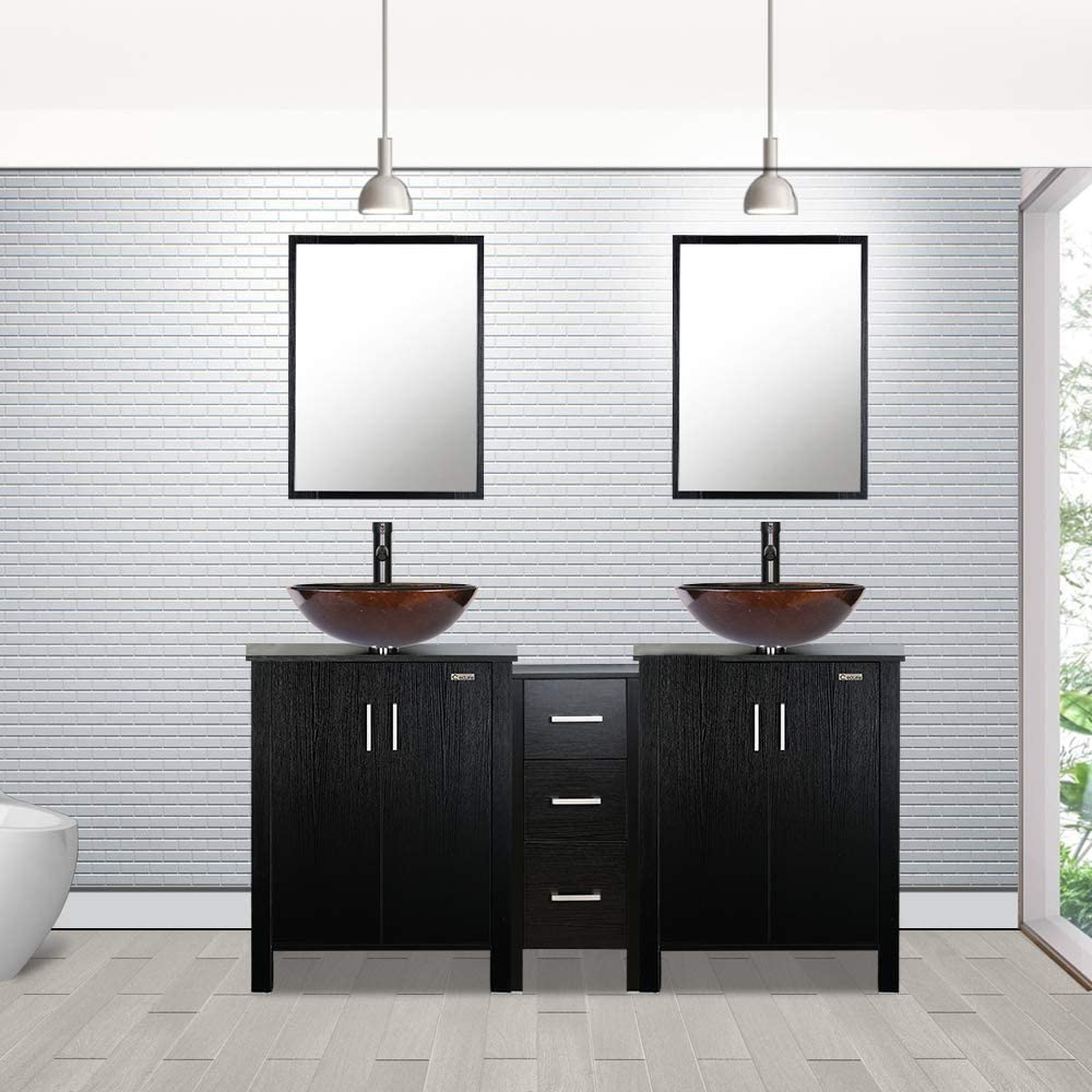 Eclife 60” Black Modern Double Sinks Bathroom Vanity Combo W/Side Cabinet, W/Mirror