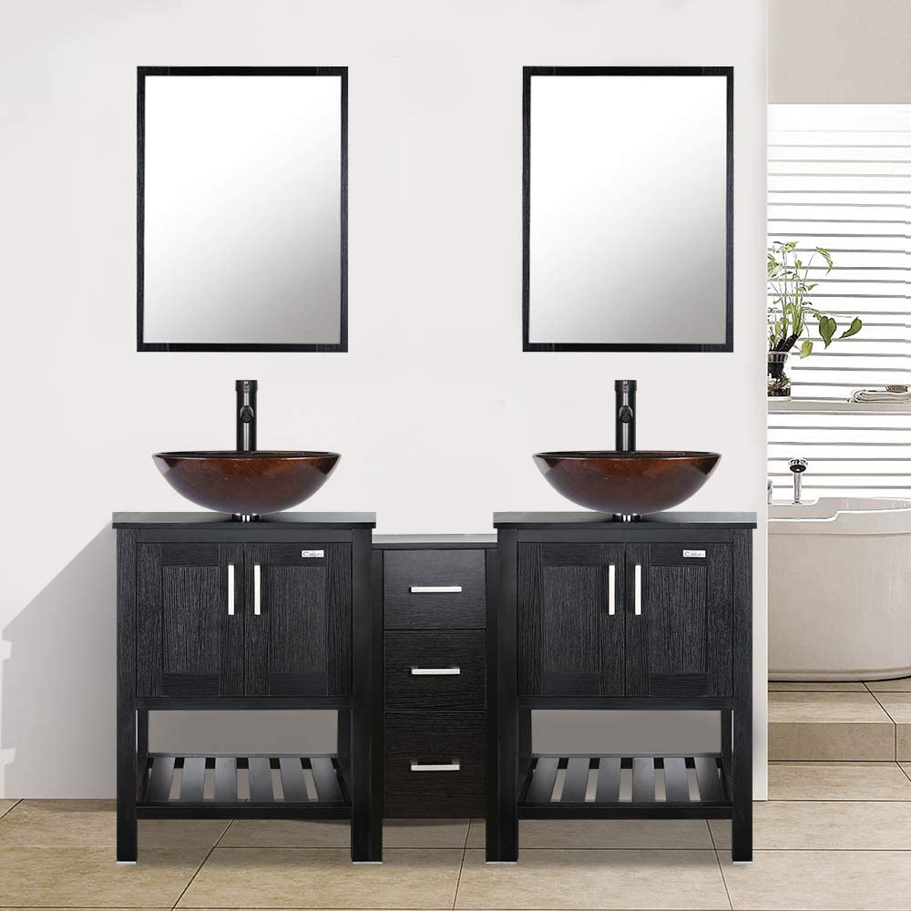 Eclife 60” Black Modern Stand Pedestal Bathroom Vanity Combo, W/Mirror