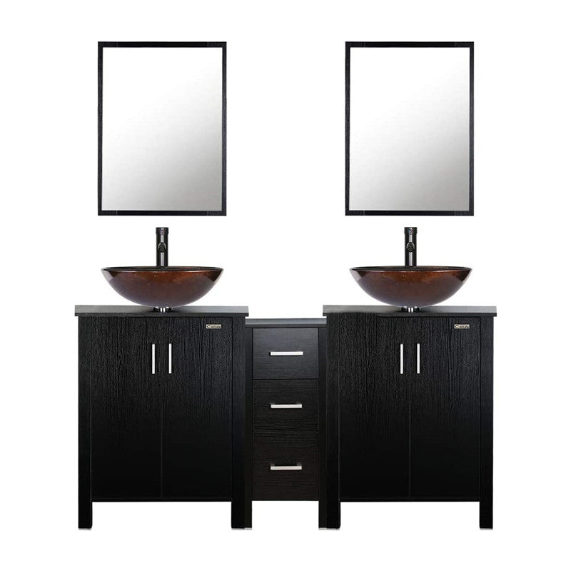 Eclife 60” Black Modern Double Sinks Bathroom Vanity Combo W/Side Cabinet, W/Mirror