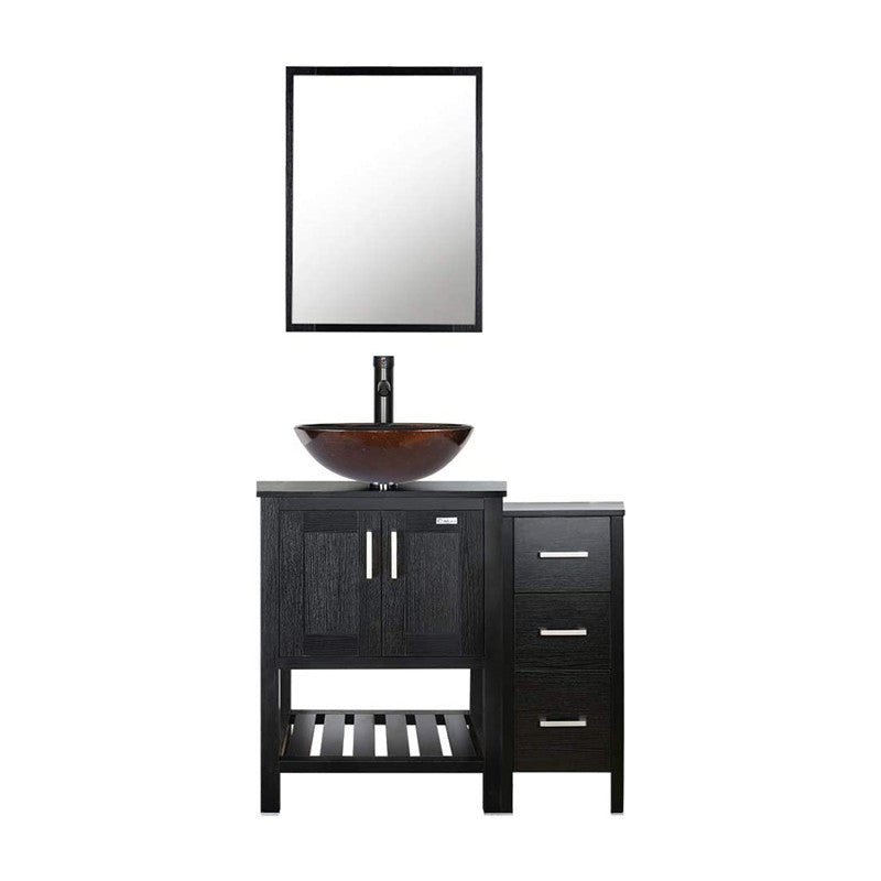 36” Bathroom Vanity Sink Combo Black W/Side Cabinet with Round White Ceramic Vessel Sink, Chrome Bathroom Solid Brass Faucet and Pop Up Drain Combo, W/Mirror