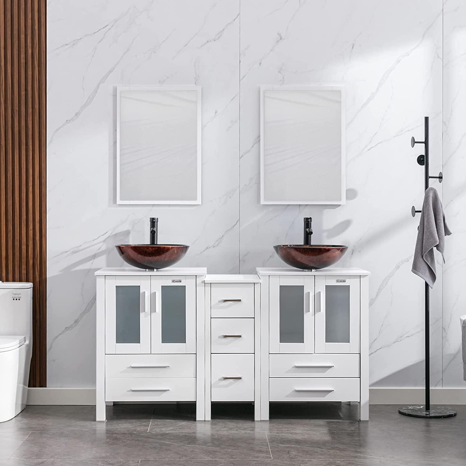 Eclife 60" Double Sinks Morden White Bathroom Vanity with Pedestal Side Cabinet And Mirror Combo