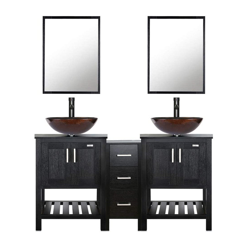Eclife 60” Black Modern Stand Pedestal Bathroom Vanity Combo, W/Mirror