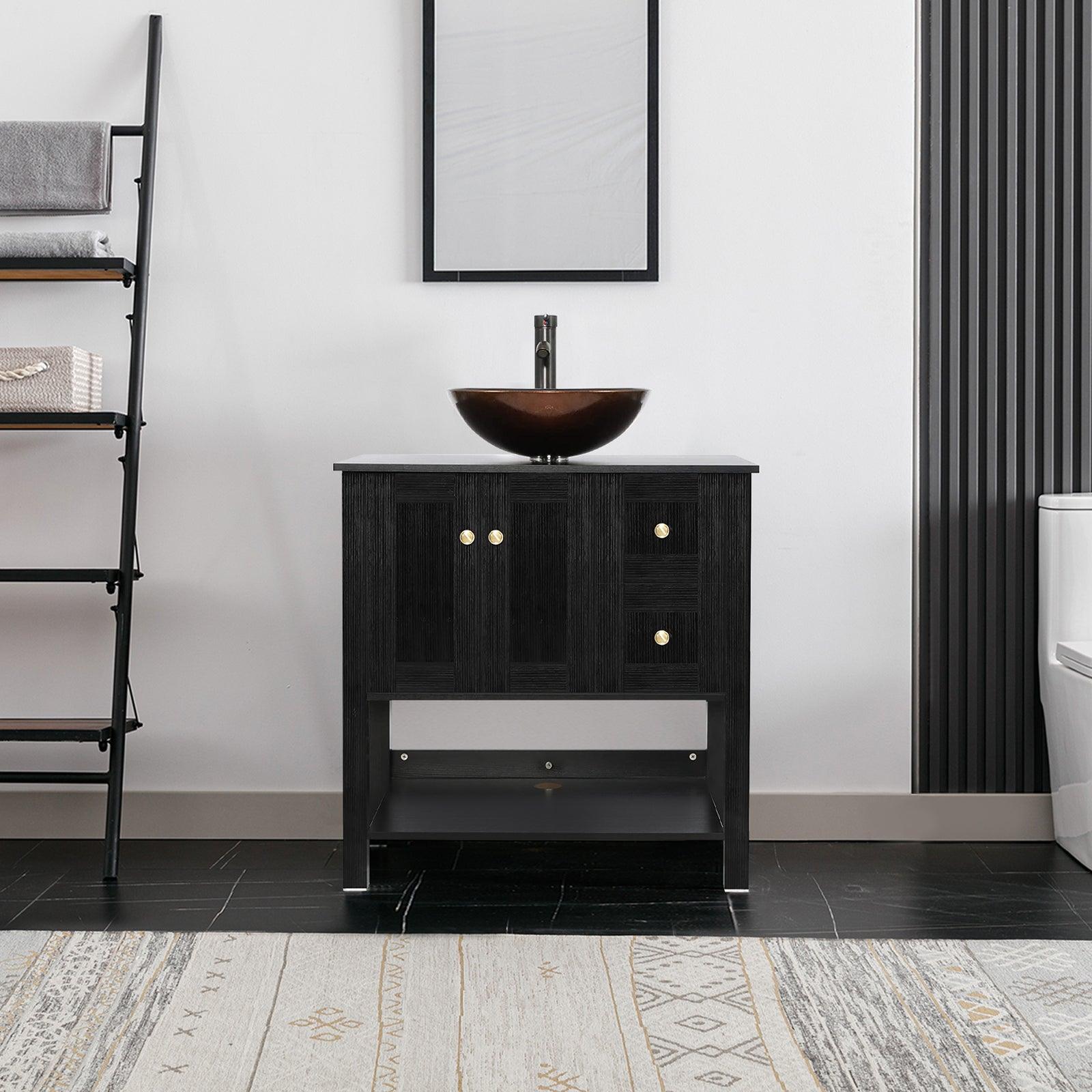 32” Bathroom Vanity Sink Combo Black Cabinet Vanity Brown Round Tempered Glass Vessel Sink & 1.5 GPM Water Save W/ORB Faucet & Solid Brass Pop Up Drain