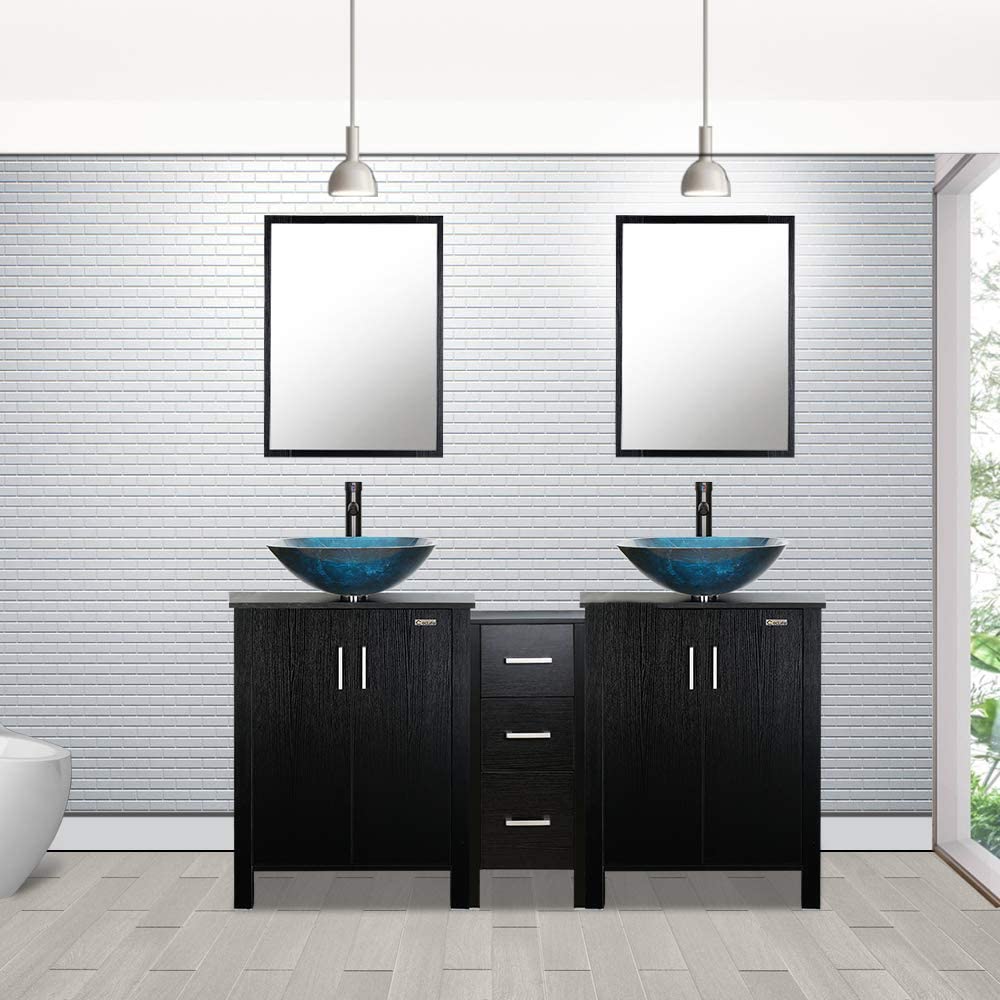 Eclife 60” Black Modern Double Sinks Bathroom Vanity Combo W/Side Cabinet, W/Mirror