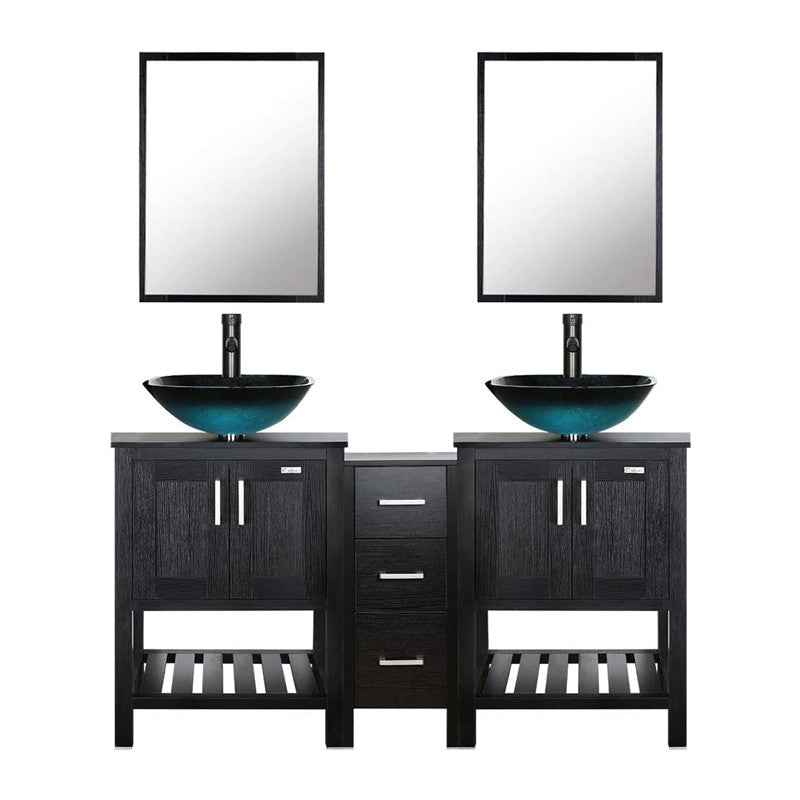 Eclife 60” Black Modern Stand Pedestal Bathroom Vanity Combo, W/Mirror