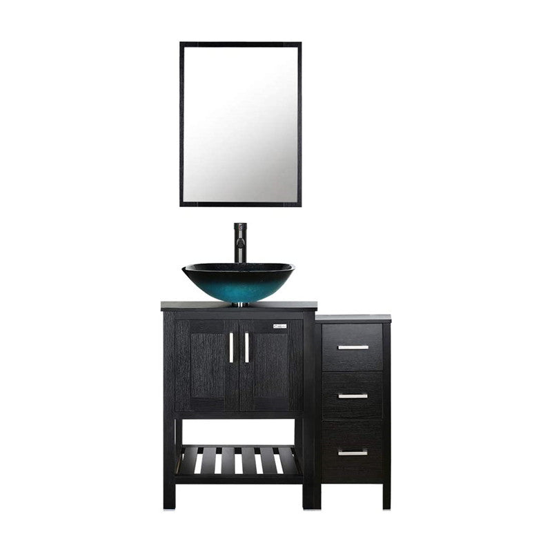 36” Bathroom Vanity Sink Combo Black W/Side Cabinet with Round White Ceramic Vessel Sink, Chrome Bathroom Solid Brass Faucet and Pop Up Drain Combo, W/Mirror