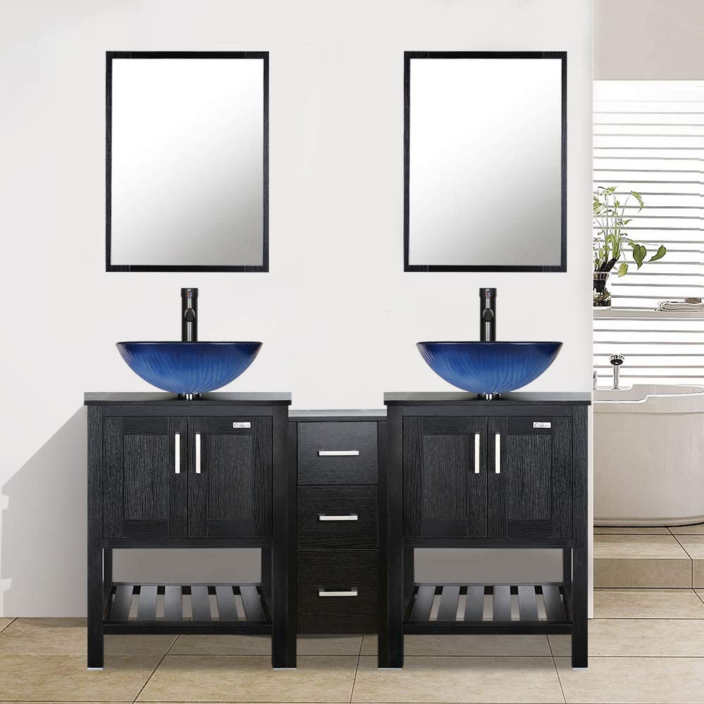 Eclife 60” Black Modern Stand Pedestal Bathroom Vanity Combo, W/Mirror