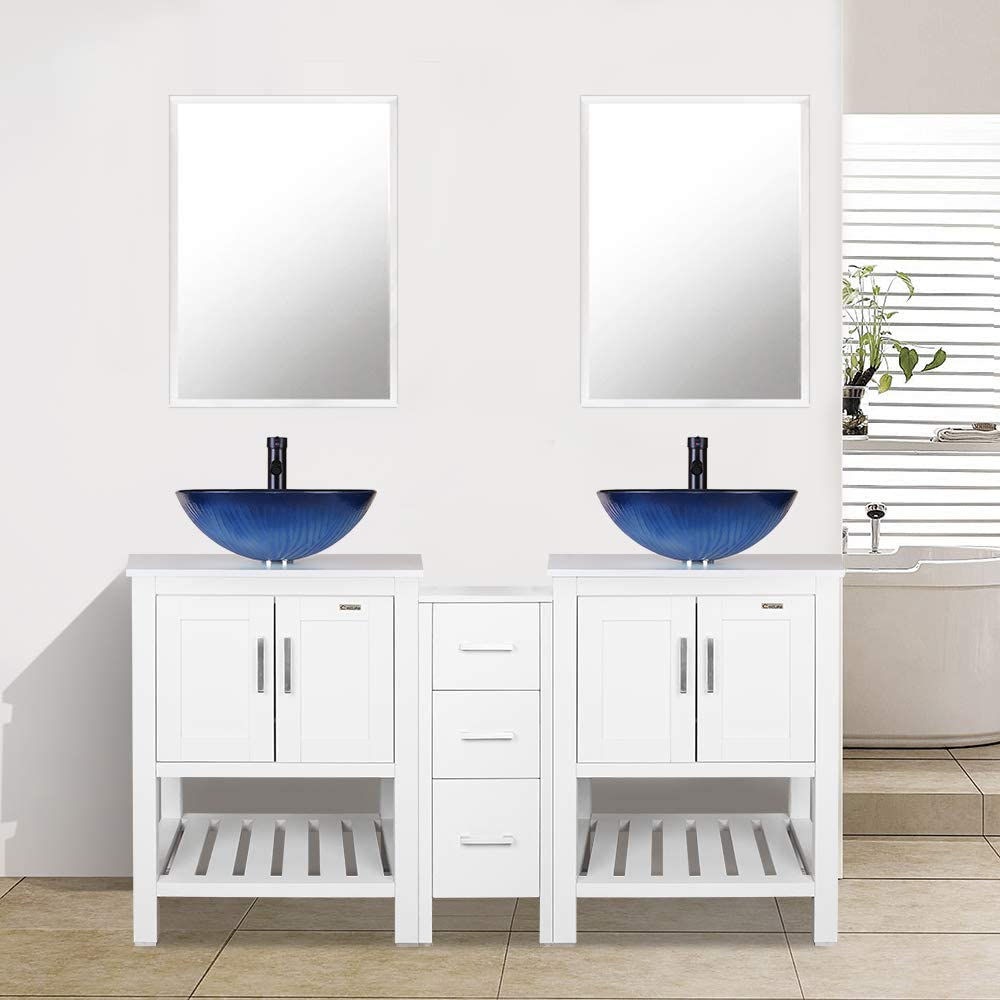 Eclife 60” White Modern Stand Bathroom Vanity Combo W/Side Cabinet, W/Mirror
