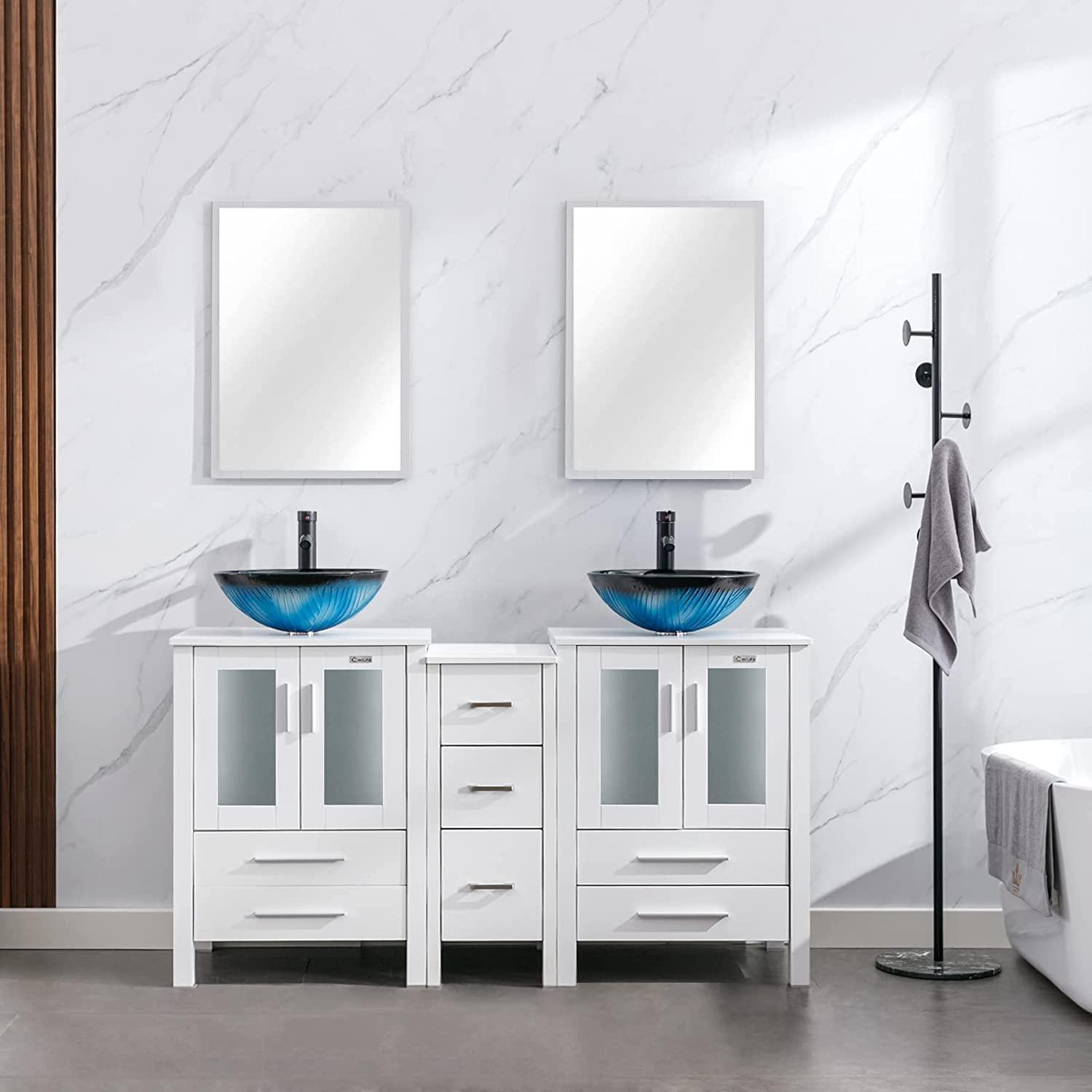 Eclife 60" Double Sinks Morden White Bathroom Vanity with Pedestal Side Cabinet And Mirror Combo