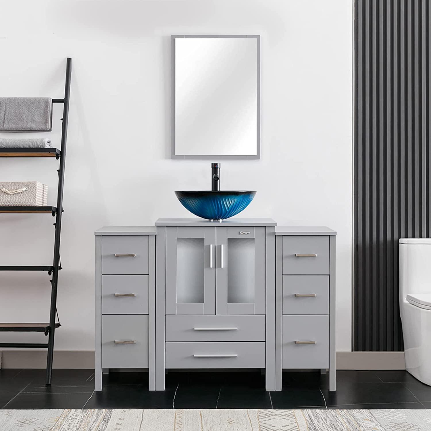 48" Bathroom Vanity Combo W/ Side Cabinet Modern Pedestal Ceramic Vessel Sink, Chrome Bathroom Solid Brass Faucet & Pop Up Drain, W/Mirror