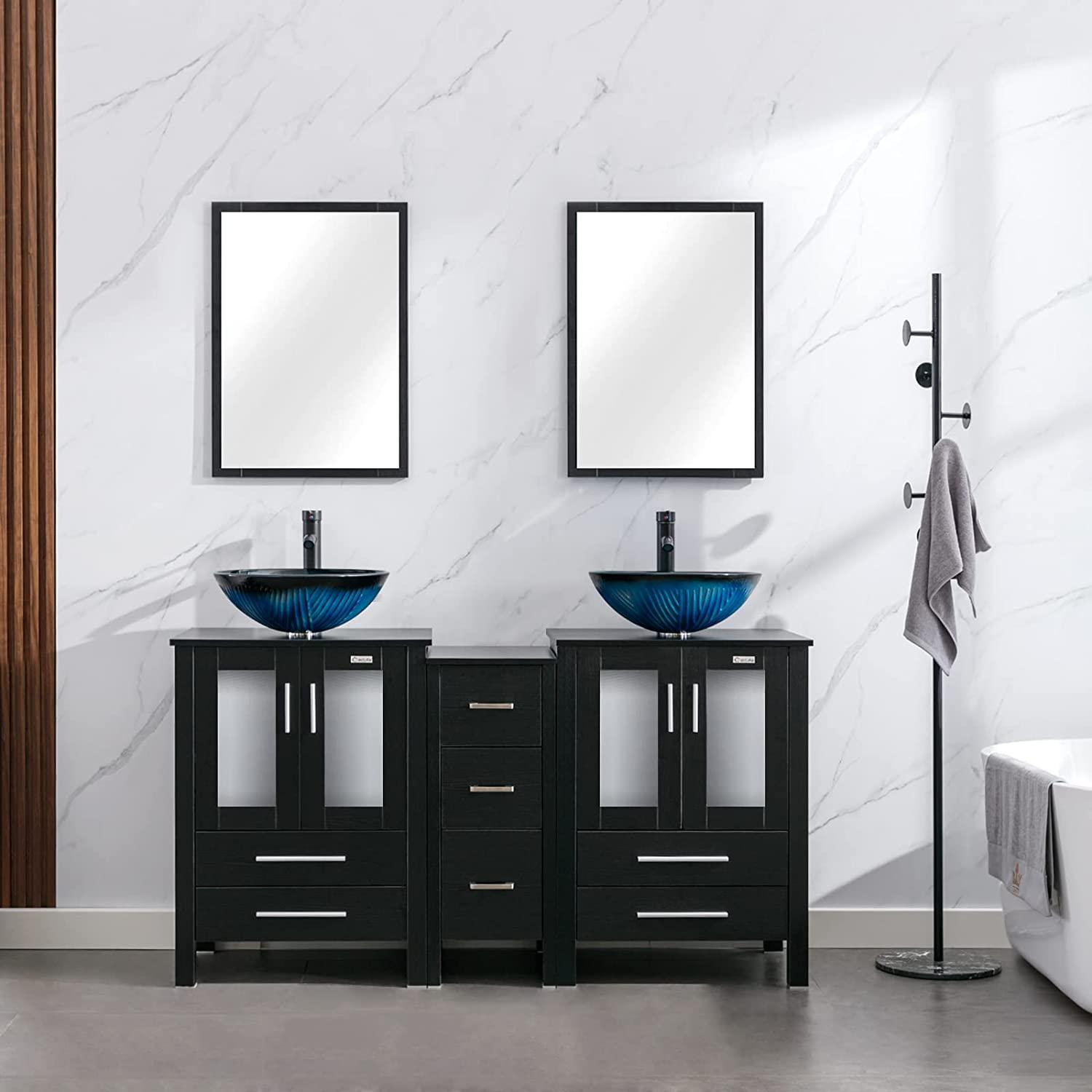 Eclife 60" Black Modern Pedestal Bathroom Vanity with Side Cabinet