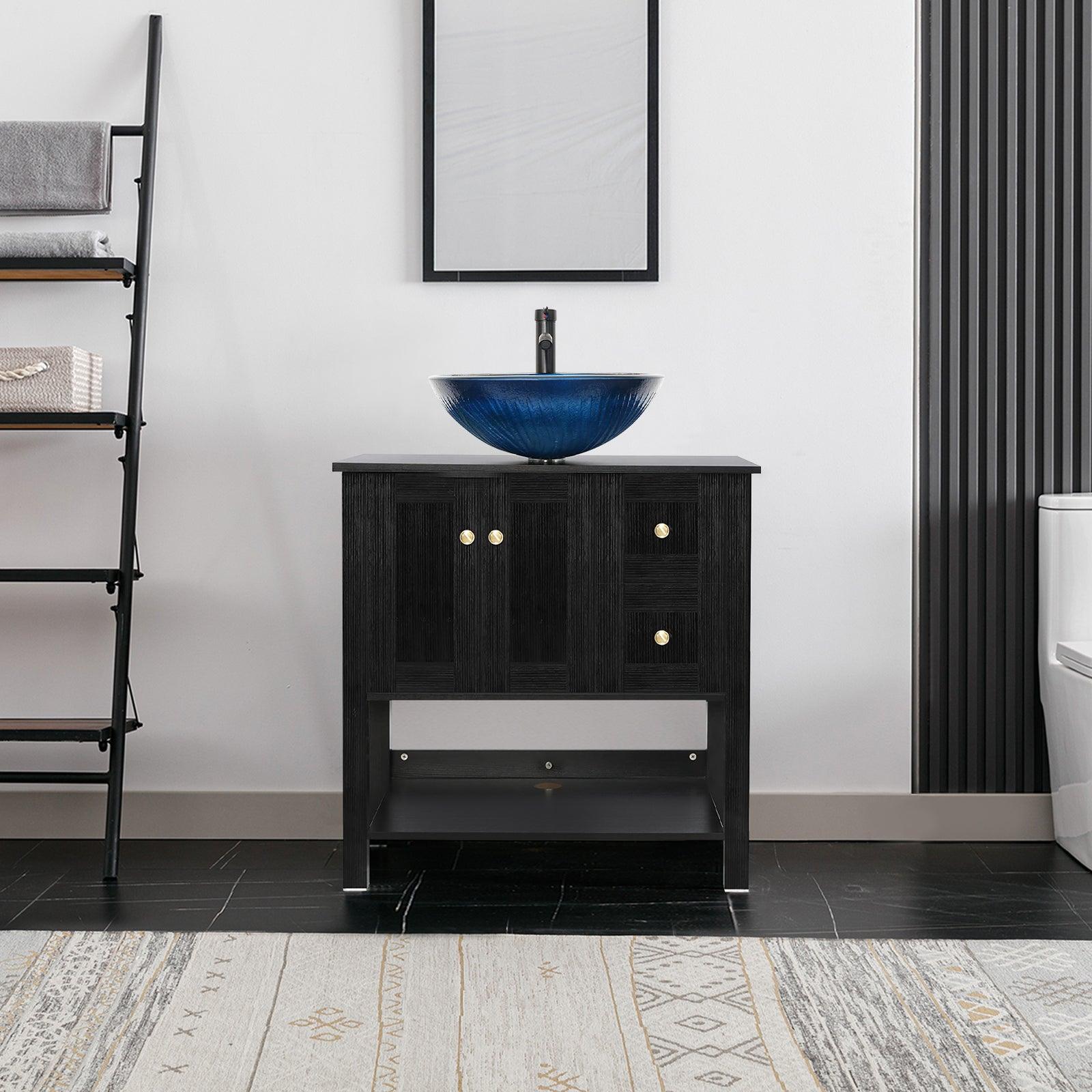 32” Bathroom Vanity Sink Combo Black Cabinet Vanity Brown Round Tempered Glass Vessel Sink & 1.5 GPM Water Save W/ORB Faucet & Solid Brass Pop Up Drain