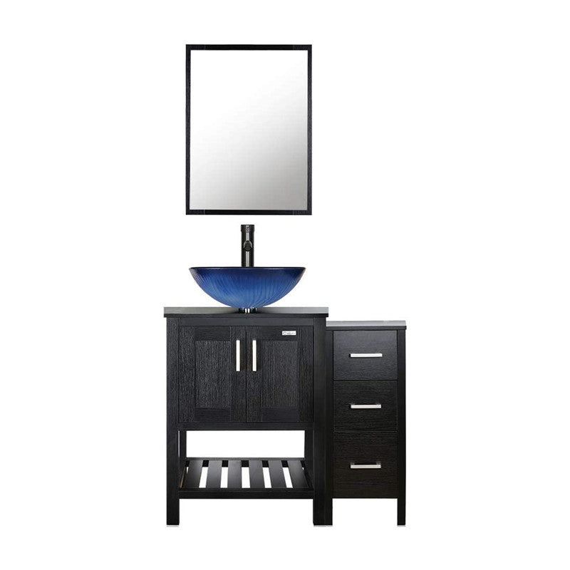 36” Bathroom Vanity Sink Combo Black W/Side Cabinet with Round White Ceramic Vessel Sink, Chrome Bathroom Solid Brass Faucet and Pop Up Drain Combo, W/Mirror