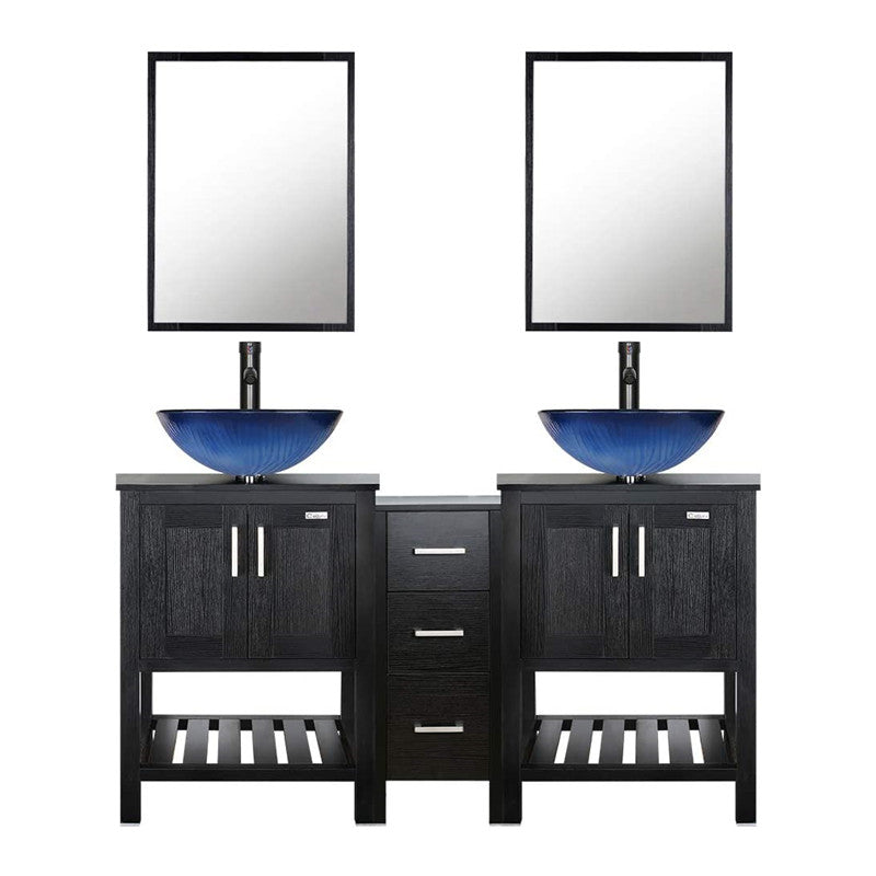 Eclife 60” Black Modern Stand Pedestal Bathroom Vanity Combo, W/Mirror