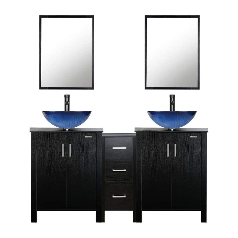 Eclife 60” Black Modern Double Sinks Bathroom Vanity Combo W/Side Cabinet, W/Mirror