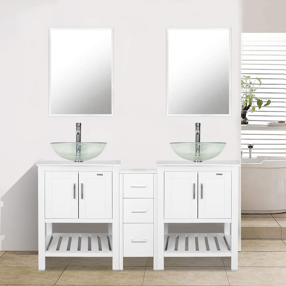 Eclife 60” White Modern Stand Bathroom Vanity Combo W/Side Cabinet, W/Mirror