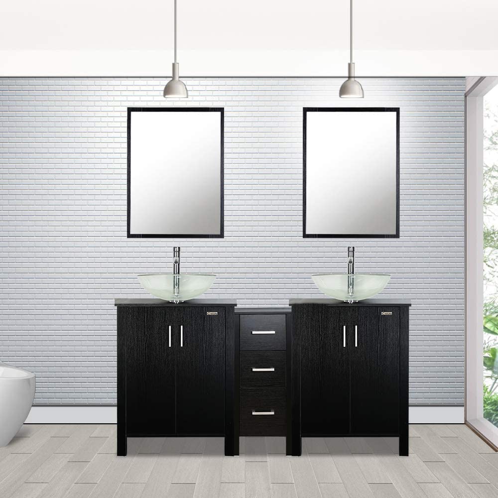 Eclife 60” Black Modern Double Sinks Bathroom Vanity Combo W/Side Cabinet, W/Mirror
