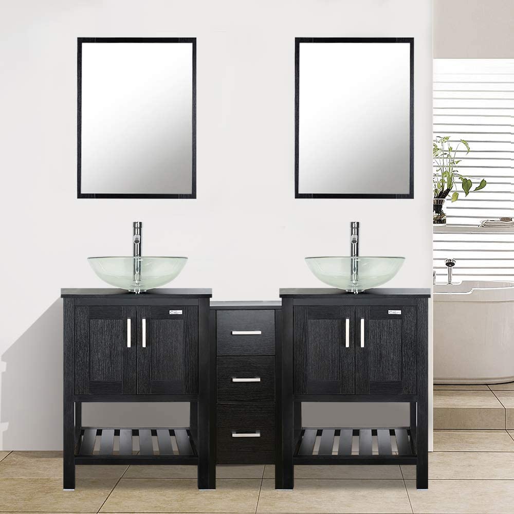Eclife 60” Black Modern Stand Pedestal Bathroom Vanity Combo, W/Mirror