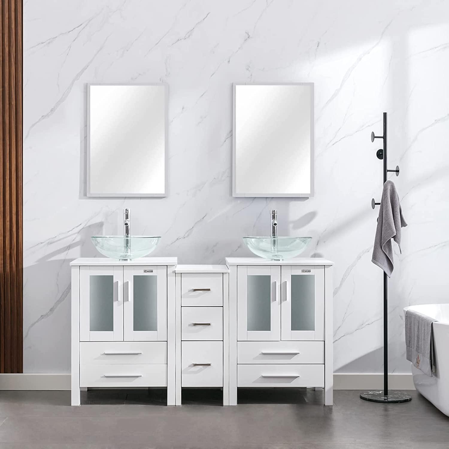 Eclife 60" Double Sinks Morden White Bathroom Vanity with Pedestal Side Cabinet And Mirror Combo