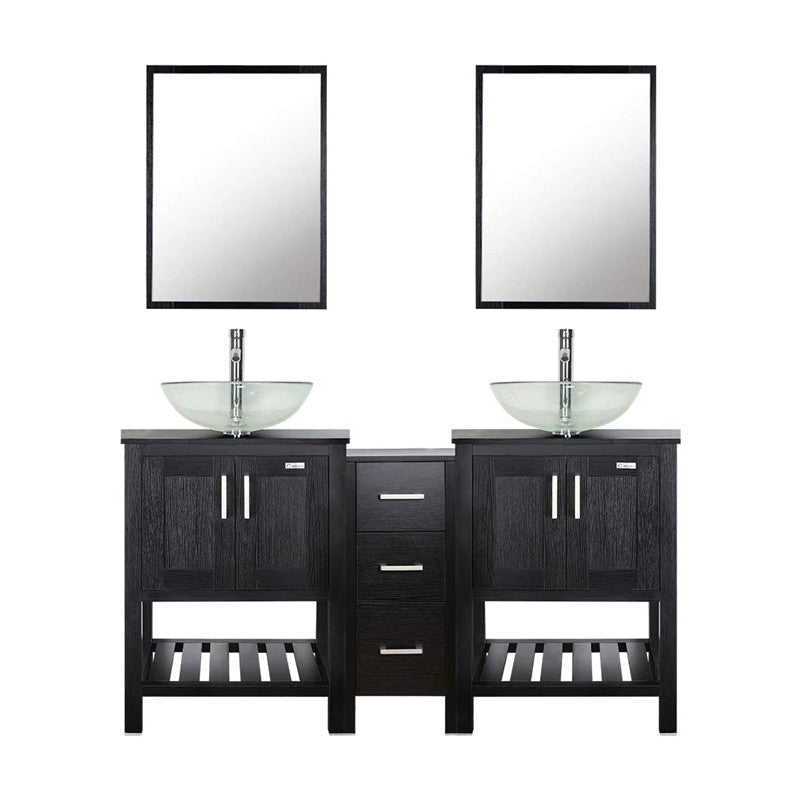 Eclife 60” Black Modern Stand Pedestal Bathroom Vanity Combo, W/Mirror