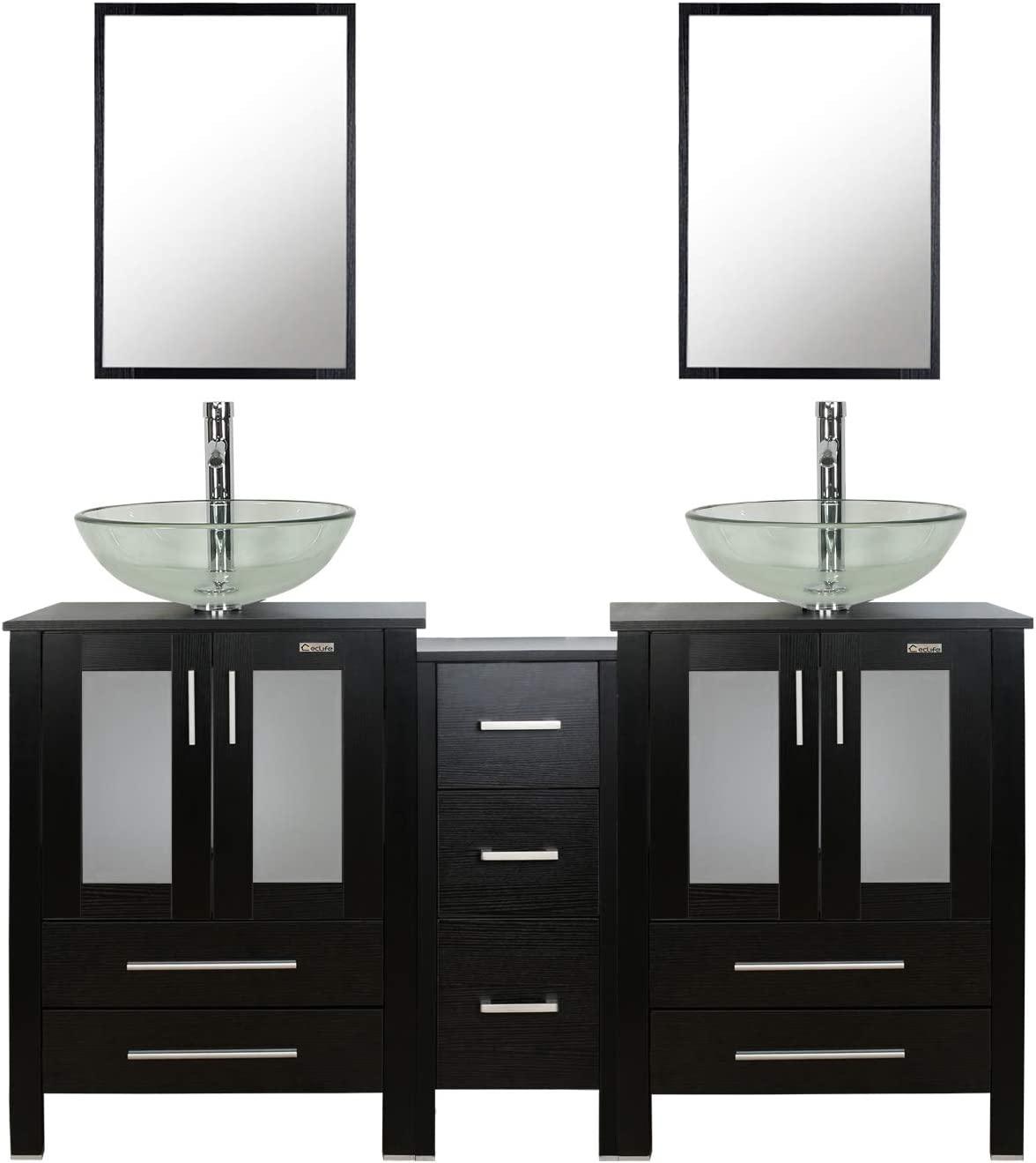 Eclife 60" Black Modern Pedestal Bathroom Vanity with Side Cabinet
