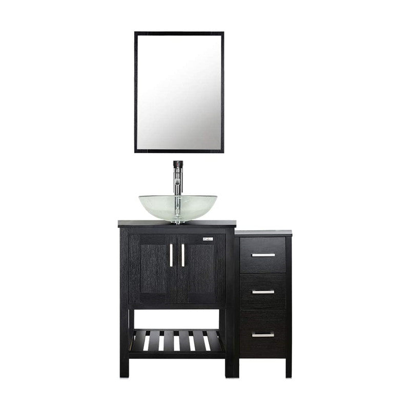 36” Bathroom Vanity Sink Combo Black W/Side Cabinet with Round White Ceramic Vessel Sink, Chrome Bathroom Solid Brass Faucet and Pop Up Drain Combo, W/Mirror
