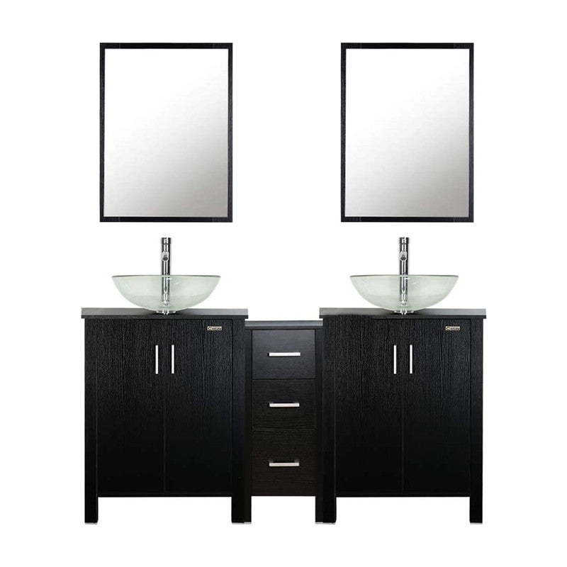 Eclife 60” Black Modern Double Sinks Bathroom Vanity Combo W/Side Cabinet, W/Mirror