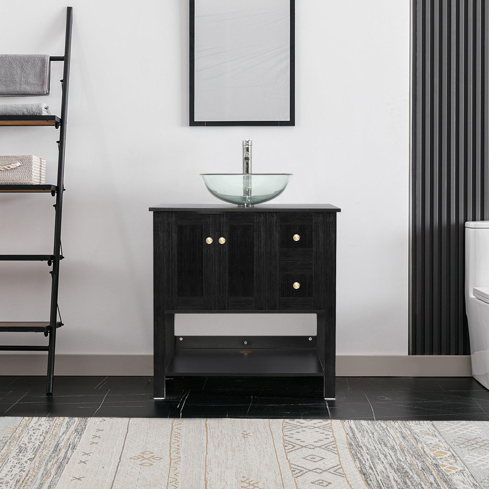 32” Bathroom Vanity Sink Combo Black Cabinet Vanity Brown Round Tempered Glass Vessel Sink & 1.5 GPM Water Save W/ORB Faucet & Solid Brass Pop Up Drain