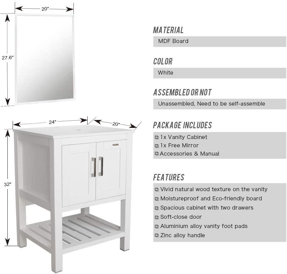 24” Bathroom Vanity Sink Combo White Cabinet Square Ceramic Vessel Sink