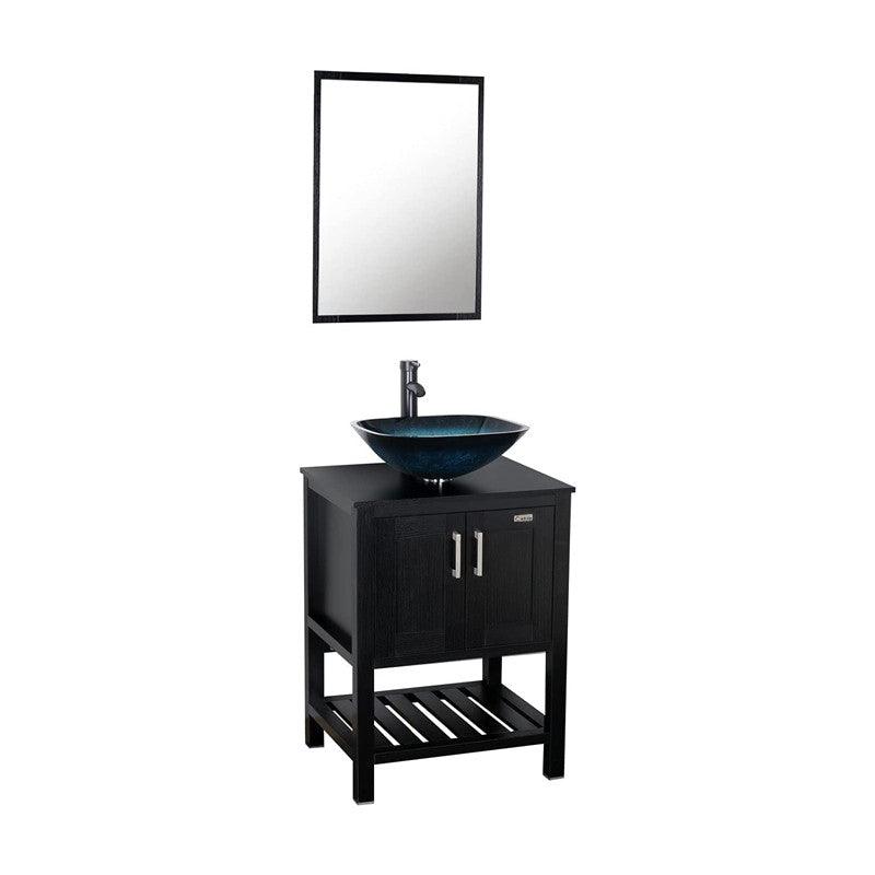 24'' Modern Bathroom Vanity Cabinet Combo Square Blue Glass Vessel Sink Combo 1.5 GPM Brass Faucet and Pop Up Drain and ORB Mounting Ring, W/Mirror