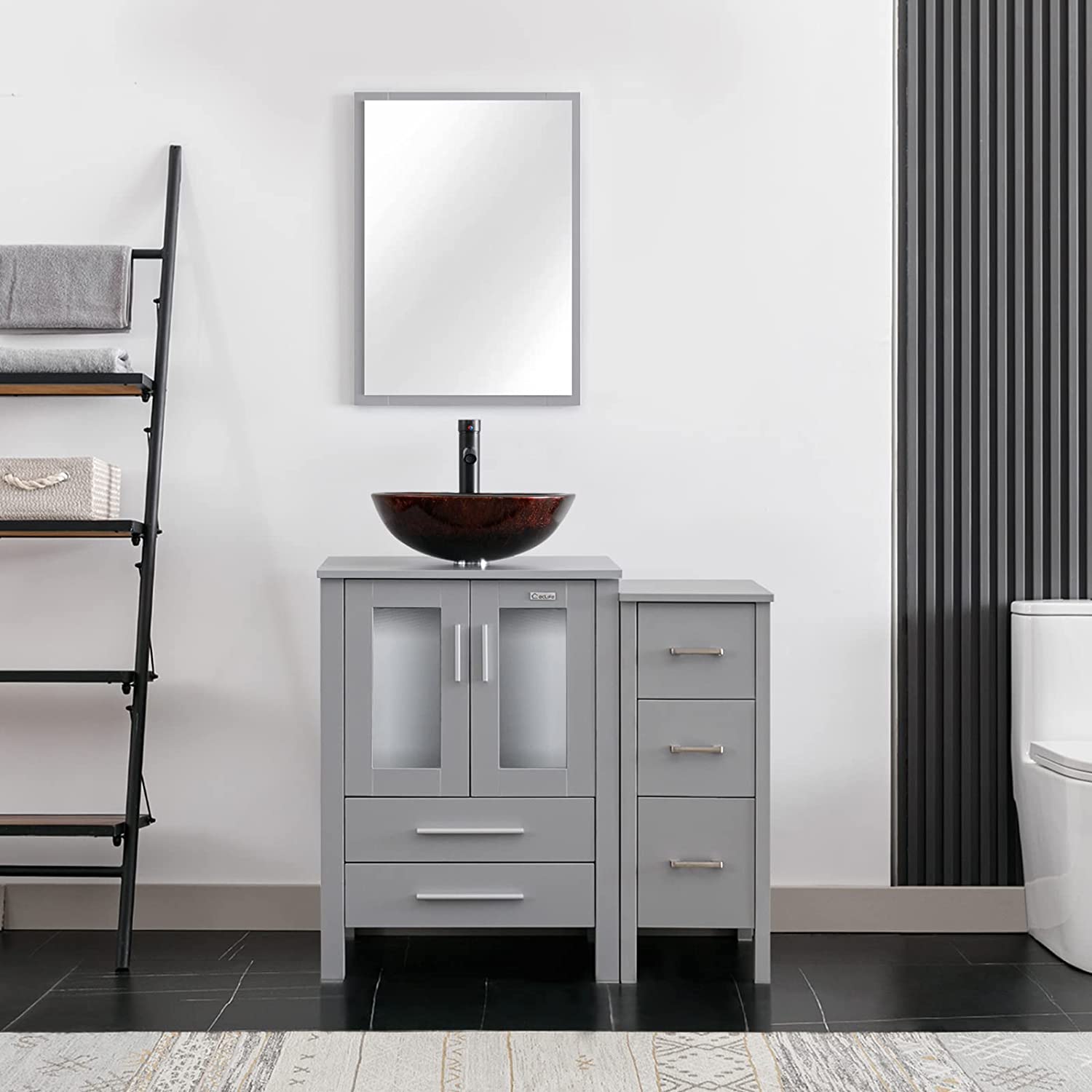 Eclife 36” Bathroom Vanity Sink Combo Grey W/Side Cabinet Vanity Round Blue Tempered Glass Vessel Sink and ORB Solid Brass Faucet and Pop Up Drain, W/Mirror