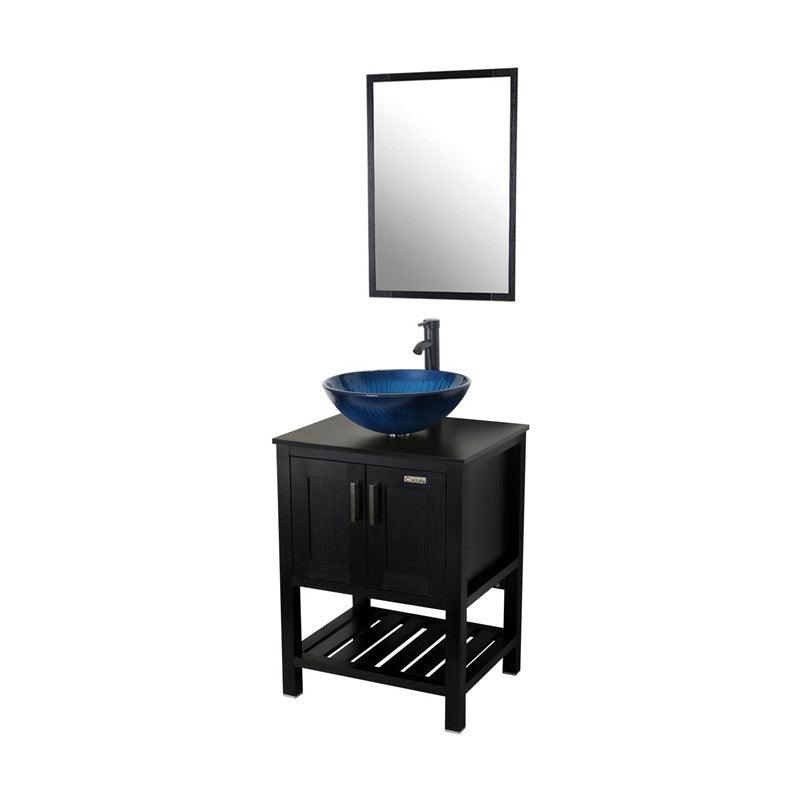 24'' Modern Bathroom Vanity Cabinet Combo Square Blue Glass Vessel Sink Combo 1.5 GPM Brass Faucet and Pop Up Drain and ORB Mounting Ring, W/Mirror