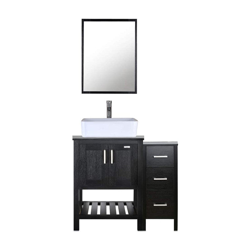 36” Bathroom Vanity Sink Combo Black W/Side Cabinet with Round White Ceramic Vessel Sink, Chrome Bathroom Solid Brass Faucet and Pop Up Drain Combo, W/Mirror