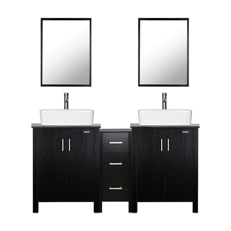 Eclife 60” Black Modern Double Sinks Bathroom Vanity Combo W/Side Cabinet, W/Mirror