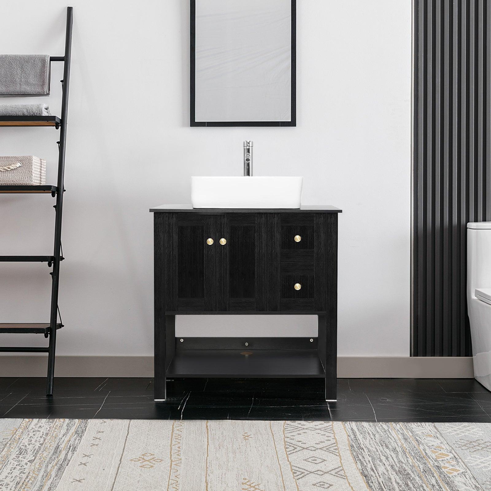 32” Bathroom Vanity Sink Combo Black Cabinet Vanity Brown Round Tempered Glass Vessel Sink & 1.5 GPM Water Save W/ORB Faucet & Solid Brass Pop Up Drain