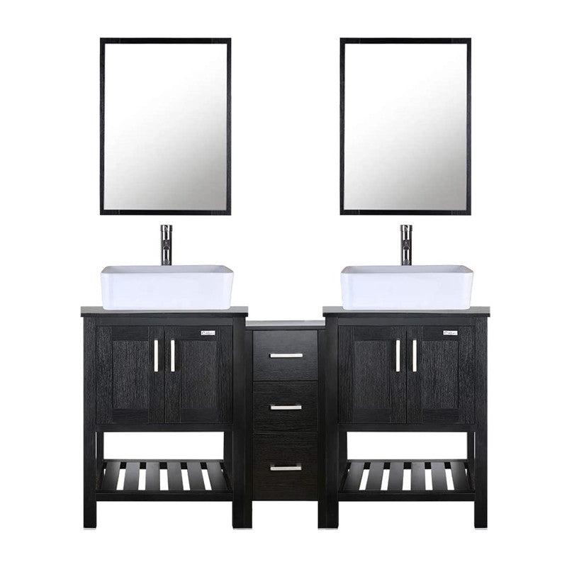 Eclife 60” Black Modern Stand Pedestal Bathroom Vanity Combo, W/Mirror