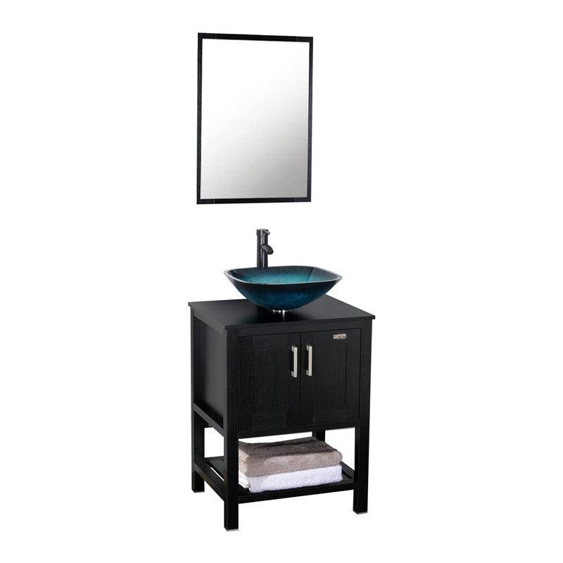 24'' Modern Bathroom Vanity Cabinet Combo Square Blue Glass Vessel Sink Combo 1.5 GPM Brass Faucet and Pop Up Drain and ORB Mounting Ring, W/Mirror