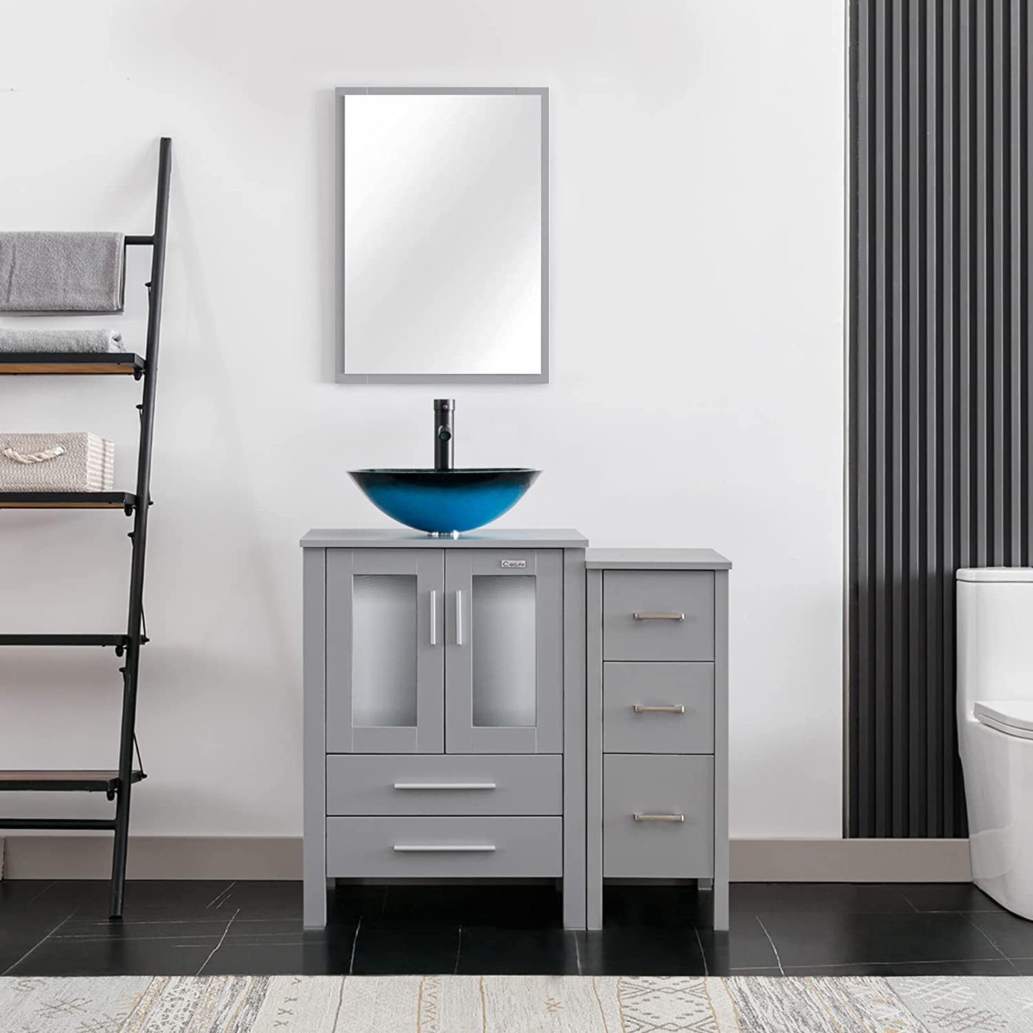 Eclife 36” Bathroom Vanity Sink Combo Grey W/Side Cabinet Vanity Round Blue Tempered Glass Vessel Sink and ORB Solid Brass Faucet and Pop Up Drain, W/Mirror