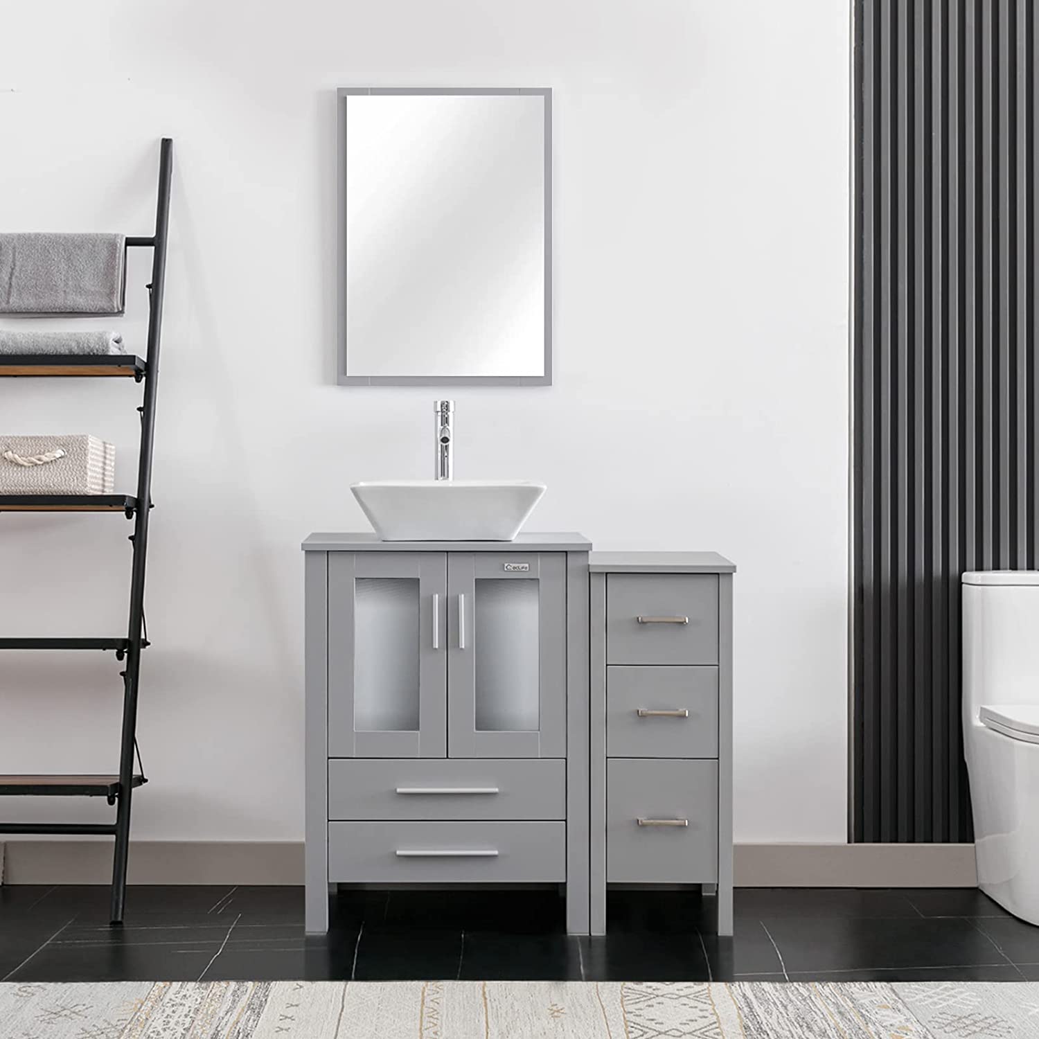 Eclife 36” Bathroom Vanity Sink Combo Grey W/Side Cabinet Vanity Round Blue Tempered Glass Vessel Sink and ORB Solid Brass Faucet and Pop Up Drain, W/Mirror