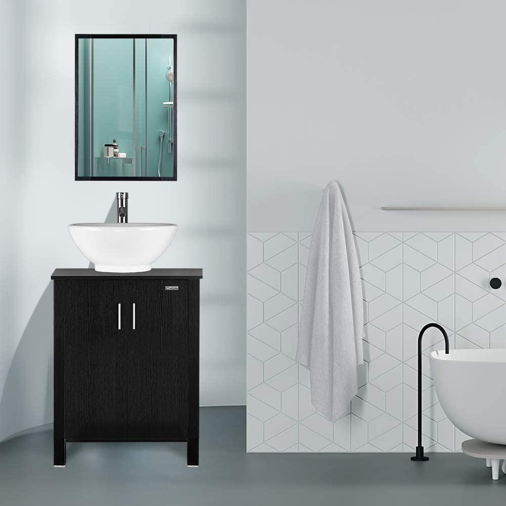 Eclife 24" Bathroom Vanity Combo Modern MDF Cabinet with Vanity Mirror Clear Round Tempered Glass Counter Top Vessel Sink with 1.5 GPM Faucet and Pop Up Drain