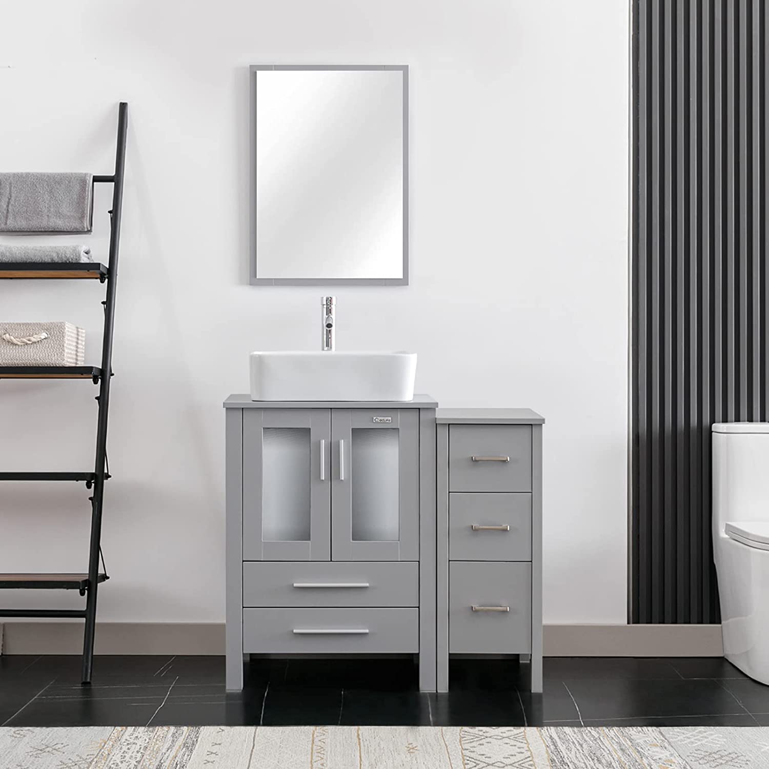 Eclife 36” Bathroom Vanity Sink Combo Grey W/Side Cabinet Vanity Round Blue Tempered Glass Vessel Sink and ORB Solid Brass Faucet and Pop Up Drain, W/Mirror
