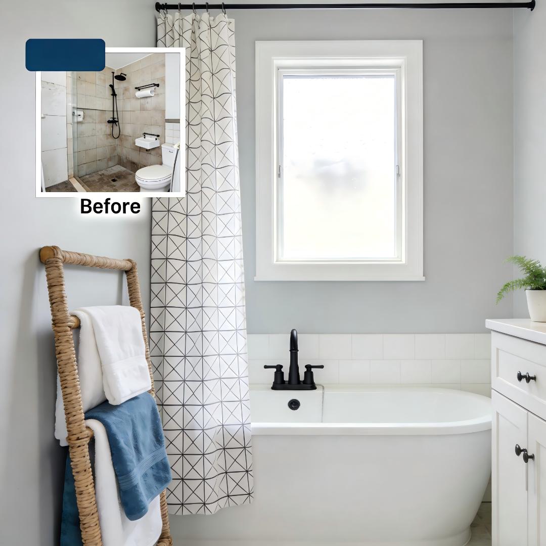 Bathroom before-and-after showing vanity upgrade and layout refresh—ideal for partial remodel inspiration.