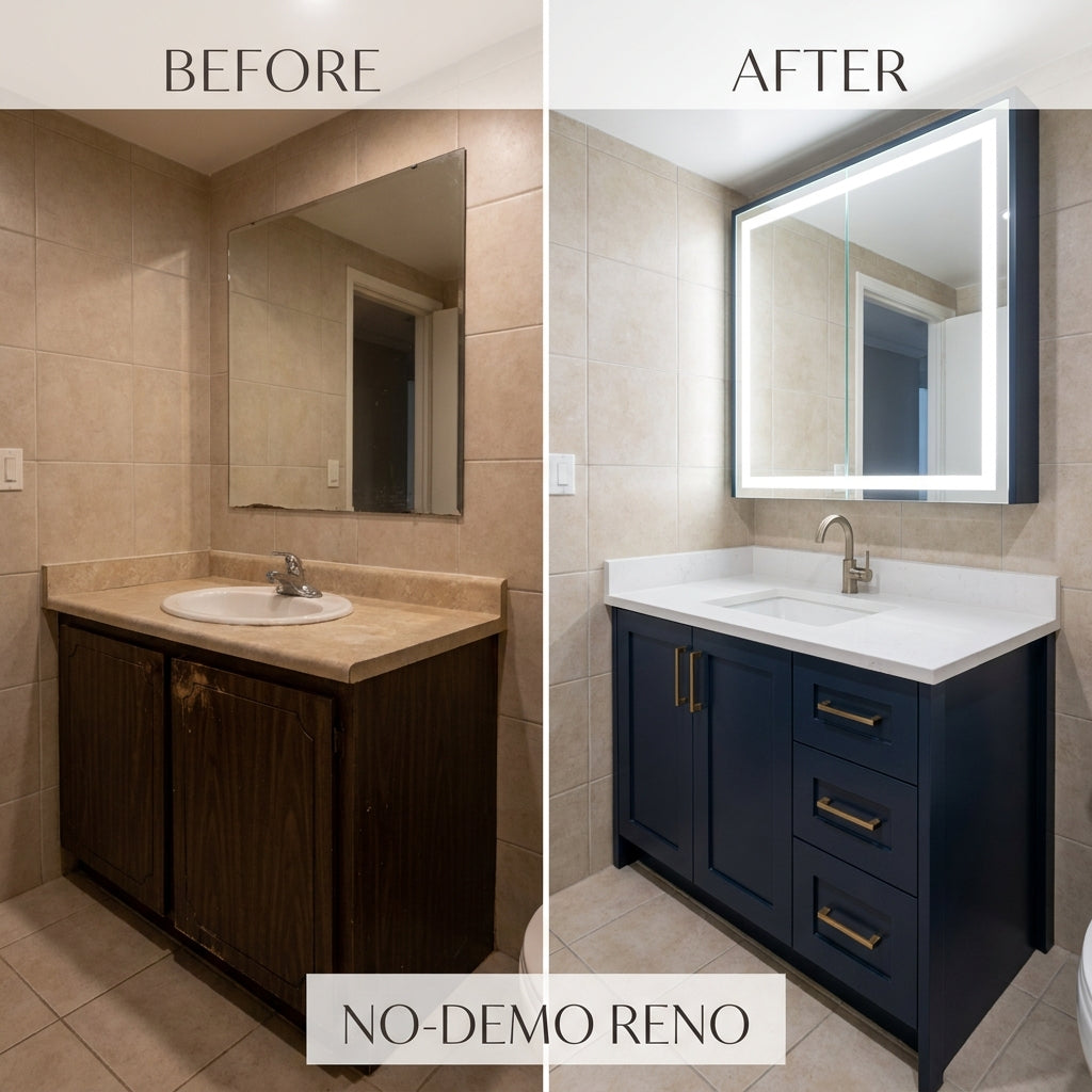 Before and after comparison of a no-demo bathroom renovation featuring a modern vanity, mirror cabinet, and quartz countertop.