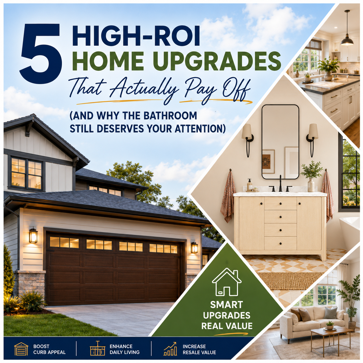 A collage of high-ROI home renovation projects including a modern bathroom vanity, kitchen countertops, and home exterior upgrades to boost property value.