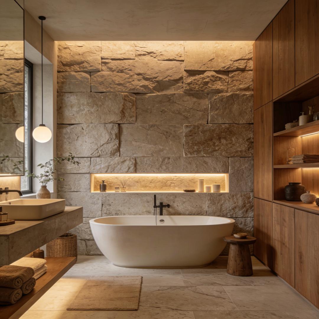 Spa-inspired bathroom with freestanding tub, stone wall, warm lighting, and natural wood cabinetry