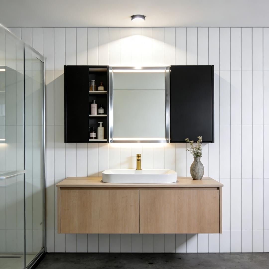 Floating vanity with vessel sink and dual mirror cabinets, featuring open shelving for efficient B2B bathroom storage.
