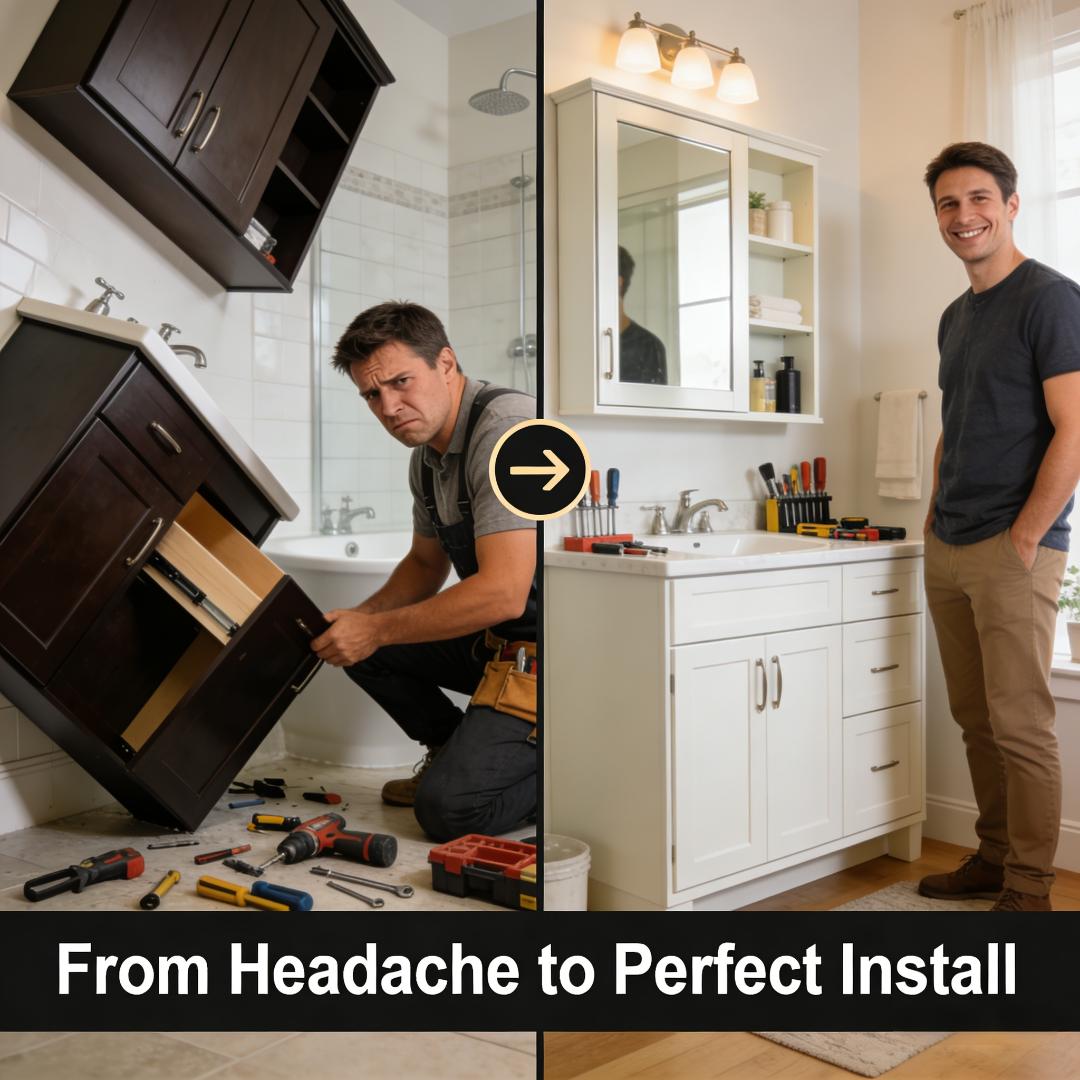 Frustrated installer with tilted vanity vs clean, professionally mounted bathroom vanity cabinet