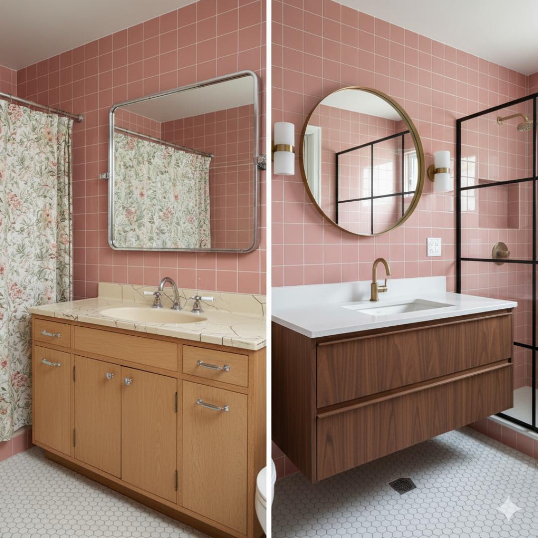 Side-by-side bathroom renovation showing transition from dated vanity to modern floating 48 inch double sink bathroom vanity with mirror, ideal for B2B remodeling projects.